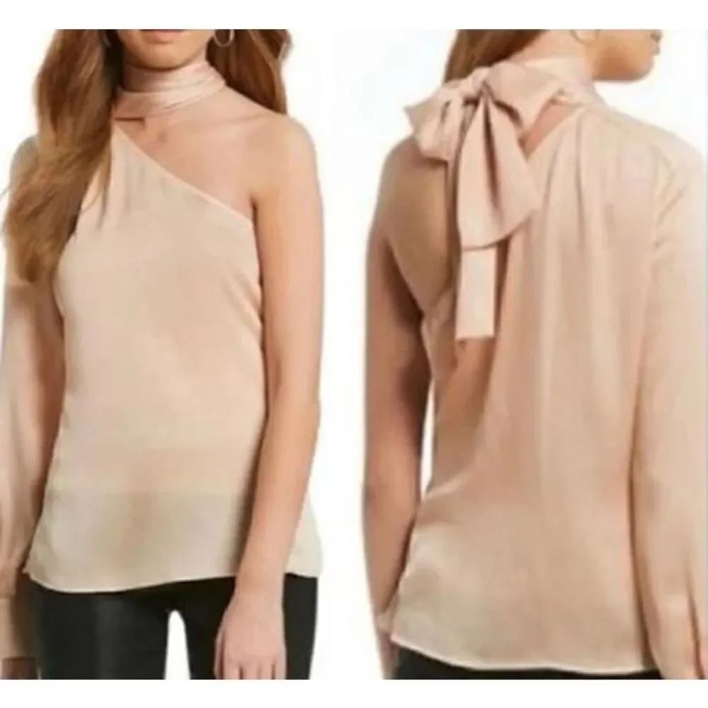 NWT 1. STATE PEACH BLUSH SATIN ONE SHOULDER NECK TIE BLOUSE SIZE LARGE L